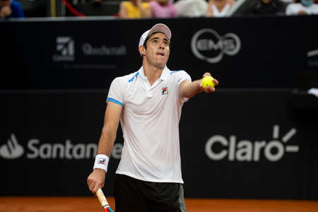 Rio, Brazil - February 12, 2022: [WC] Gustavo Heide (BRA) plays against Miomir Kecmanovic (SRB) in qualifying round match at Rio Open 2022 at Jockey Club Arena, ATP 500 tournamentのeditorial素材