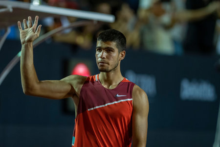 Rio, Brazil - February 20, 2022: Carlos Alcaraz (ESP) in match at Rio Open 2022 at Jockey Club Arena, ATP 500 tournamentのeditorial素材