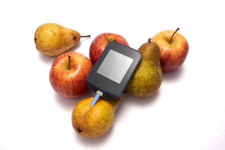Pear, apple close up. Diet to lose weight. Healthy fruits. copy space for textの写真素材