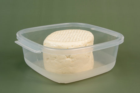 typical Brazilian Minas cheese from Minas Gerais in transparent plastic bowlの写真素材