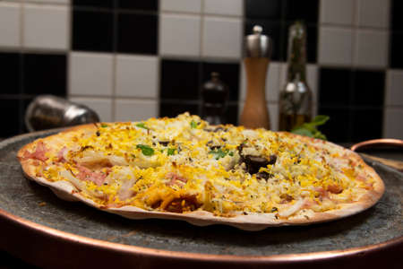 Brazilian Portuguese-style pizza with ham, egg, pepper, onion, mozzarellaの写真素材