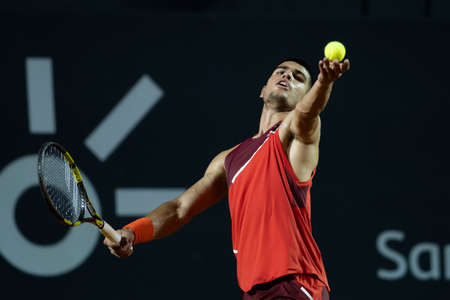 Rio, Brazil - February 14, 2022: Carlos Alcaraz (ESP) plays against Jaume Antoni Munar Clar (ESP) in first round match at Rio Open 2022 at Jockey Club Arena, ATP 500 tournamentのeditorial素材