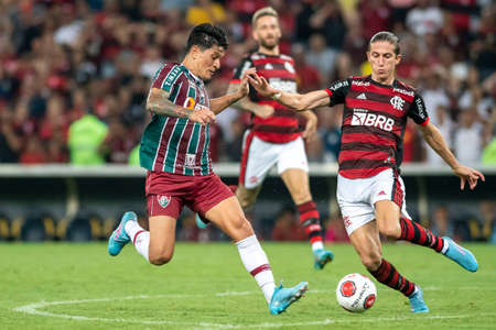 Rio, Brazil - March 30, 2022: German Cano and Filipe Luis player in match between Flamengo vs Botafogo by first match of final round of Carioca Championship in Maracana Stadiumのeditorial素材