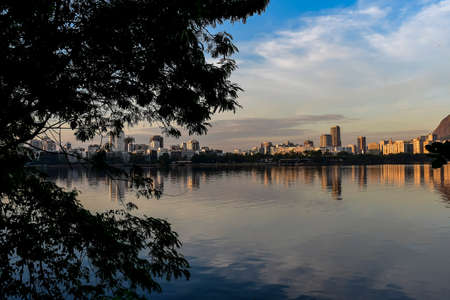 View of Rodrigo de Freitas Lagoon at dawn with Dois Irmao Hill and Pedra da Gavea in the backgroundの写真素材