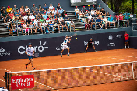 Rio, Brazil - February 20, 2022: Santiago Gonzalez (MEX), Andres Molteni (ARG) in match at Rio Open 2022 at Jockey Club Arena, ATP 500 tournamentのeditorial素材