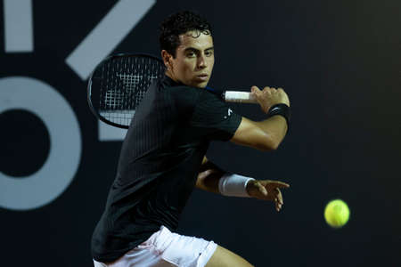 Rio, Brazil - February 14, 2022: Jaume Antoni Munar Clar (ESP) plays against Carlos Alcaraz (ESP) in first round match at Rio Open 2022 at Jockey Club Arena, ATP 500 tournamentのeditorial素材