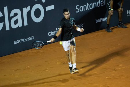 Rio, Brazil - February 14, 2022: Jaume Antoni Munar Clar (ESP) plays against Carlos Alcaraz (ESP) in first round match at Rio Open 2022 at Jockey Club Arena, ATP 500 tournamentのeditorial素材