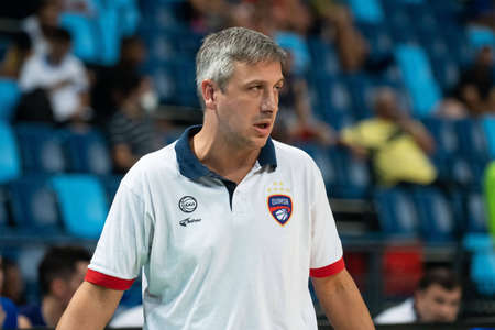 Rio, Brazil - April 09, 2022: Jorge Sebastian coach in match between Minas vs Quinsa by third place of final round of Basketball Champions League America in Arena Carioca 1 Stadiumのeditorial素材