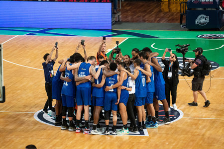 Rio, Brazil - April 09, 2022: players in match between Minas vs Quinsa by third place of final round of Basketball Champions League America in Arena Carioca 1 Stadiumのeditorial素材