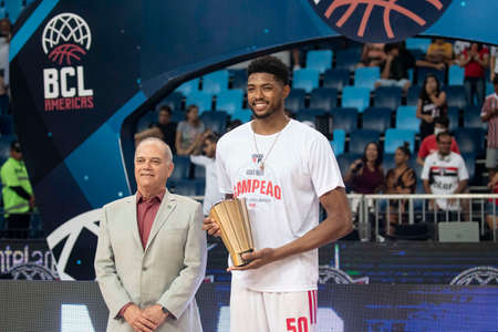 Rio, Brazil - April 09, 2022: Bruno Caboclo player in match between Sao Paulo (BRA) vs Bigua (URU) by final of Basketball Champions League America in Arena Carioca 1 Stadiumのeditorial素材