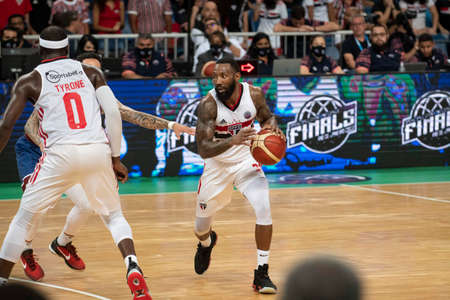 Rio, Brazil - April 09, 2022: Cordero Bennet player in match between Sao Paulo (BRA) vs Bigua (URU) by final of Basketball Champions League America in Arena Carioca 1 Stadiumのeditorial素材