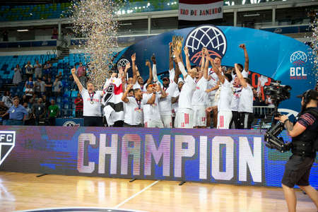 Rio, Brazil - April 09, 2022: Champions player in match between Sao Paulo (BRA) vs Bigua (URU) by final of Basketball Champions League America in Arena Carioca 1 Stadiumのeditorial素材