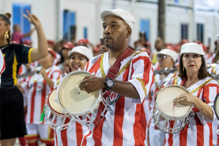 Rio, Brazil - April 20, 2022: Unidos de Bangu in the Rio Carnival, held at the Marques de Sapucai...