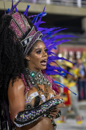 Rio, Brazil - April 20, 2022: Unidos de Bangu in the Rio Carnival, held at the Marques de Sapucai...