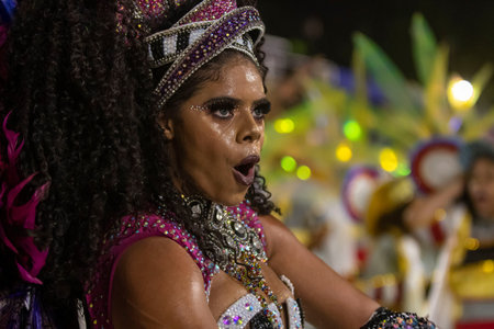 Rio, Brazil - April 20, 2022: Unidos de Bangu in the Rio Carnival, held at the Marques de Sapucai...