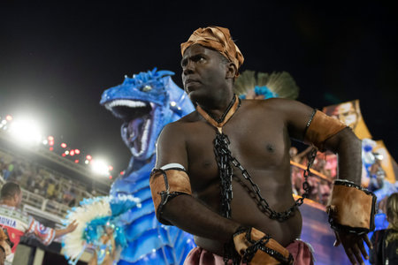 Rio, Brazil - April 21, 2022: Samba School Academicos de Vigario Geral in the Rio Carnival, held at the Marques de Sapucai Sambadromeのeditorial素材