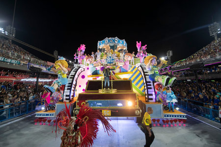 Rio, Brazil - April 22, 2022: Samba School Sao Clemente in the Rio Carnival, held at the Marques de...