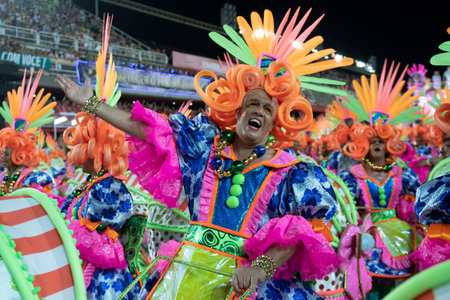 Rio, Brazil - April 22, 2022: Samba School Sao Clemente in the Rio Carnival, held at the Marques de...