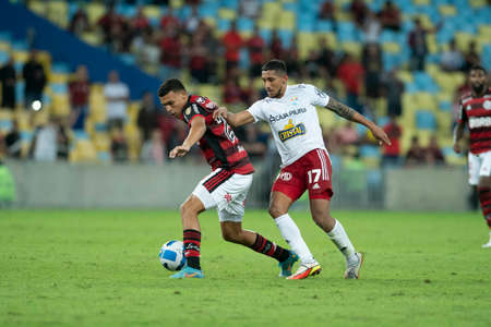 Rio, Brazil - May 24, 2022: Victor Hugo and Christofer Gonzales player in match between Flamengo (BRA) vs Sporting Cristal (PER) by Libertadores Cup 2022, by round of groups, in Maracana Stadiumのeditorial素材