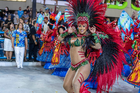 Rio, Brazil - April 22, 2022: Samba School Unidos da Tijuca in the Rio Carnival, held at the Marques...
