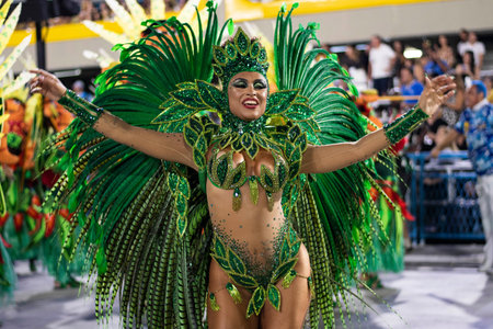 Rio, Brazil - April 22, 2022: Samba School Unidos da Tijuca in the Rio Carnival, held at the Marques...