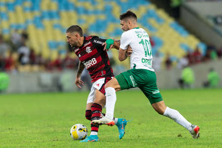 Rio, Brazil - June 15, 2022: De Arrascaeta and Rafael Gava players in match between Flamengo vs Cuiaba by 11th round of Brazilian Championship in Maracana Stadiumのeditorial素材