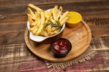 Tasty french fries on plate on wooden table rustic background