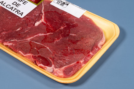 Rio, Brazil - May 22, 2022: yellow styrofoam tray with red meat steak - brandのeditorial素材