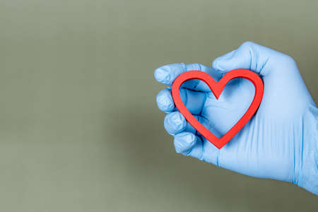 Surgical gloved hand holding a heart shapeの写真素材