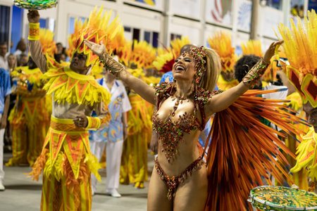 Parade of the Samba School Unidos da Tijuca at the 2022 Rio de Janeiro Carnival, held at the MarquÃªs de SapucaÃ­ Sambadrome, in Rio de Janeiro/RJ.のeditorial素材