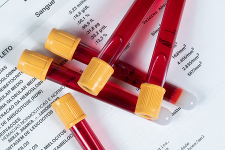 vacuum tube for blood test over clinical analysis result sheetの写真素材
