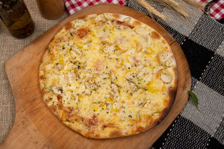 Brazilian mushroom, cheese and oregano pizza, top viewの写真素材