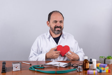 Portrait of senior mature doctor holding a heart shape and looking at camera and smilingの写真素材