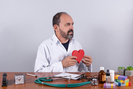 Portrait of senior mature doctor holding a heart shape and smilingの写真素材