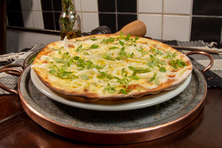 Brazilian style pizza with mozzarella, cheese, onion, top viewの写真素材