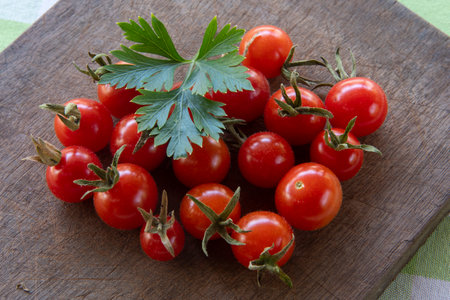 fresh spices, cherry tomatoes on cutting board with parsley leavesの写真素材