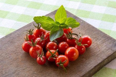 fresh spices, cherry tomato on cutting board with basil leavesの写真素材