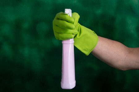 Hand with protective glove holding packaging of cleaning products used for home hygiene in a green backgroundの写真素材