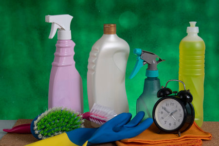 basket with cleaning products for home hygiene use with plastic packaging
