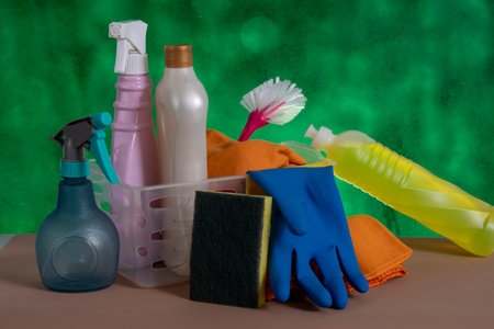 basket with cleaning products for home hygiene use with plastic packagingの写真素材
