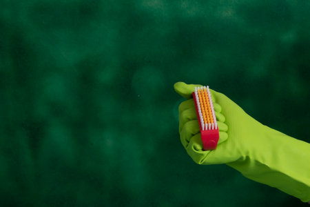 Hand with protective glove holding packaging of cleaning products used for home hygiene in a green backgroundの写真素材