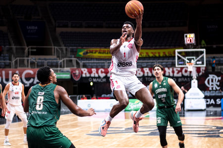 Rio, Brazil - November 29, 2022: Deodato of Flamengo battles with Von Haydin of Cerrado during the men's New Brazilian Basketball (NBB) at Maracanazinho Stadiumのeditorial素材