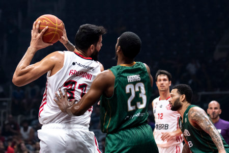 Rio, Brazil - November 29, 2022: Faverani of Flamengo battles with Harris of Cerrado during the men's New Brazilian Basketball (NBB) at Maracanazinho Stadiumのeditorial素材