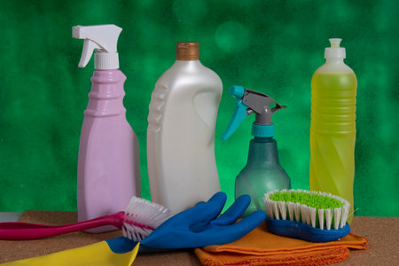 basket with cleaning products for home hygiene use with plastic packagingの写真素材