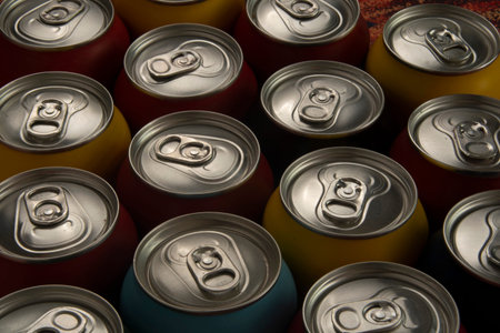 Group of aluminum soda cans of assorted colors forming a mosaicの写真素材