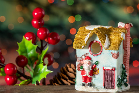 Christmas ornaments on abstract bluered background with copy spaceの写真素材