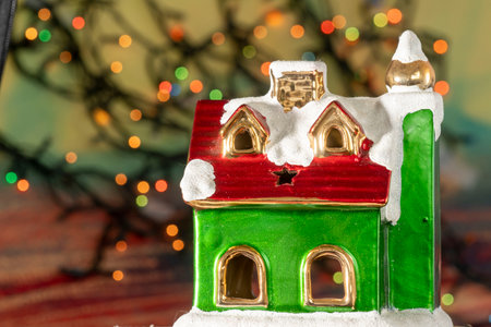 Christmas ornaments on abstract bluered background with copy spaceの写真素材