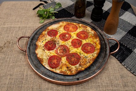 Neapolitan Brazilian pizza with mozzarella cheese and tomato slices with oregano, top viewの写真素材