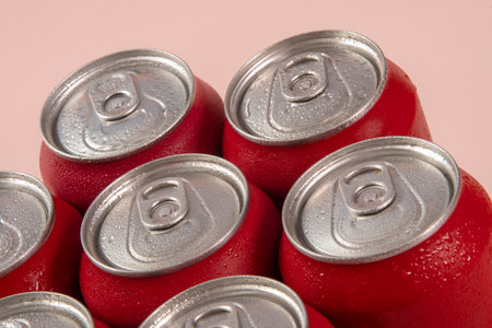 Group of aluminum soda cans, chilled, frozen and with water dropsの写真素材