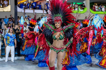 Rio, Brazil - April 22, 2022: Samba School Unidos da Tijuca in the Rio Carnival, held at the Marques de Sapucai Sambadromeのeditorial素材
